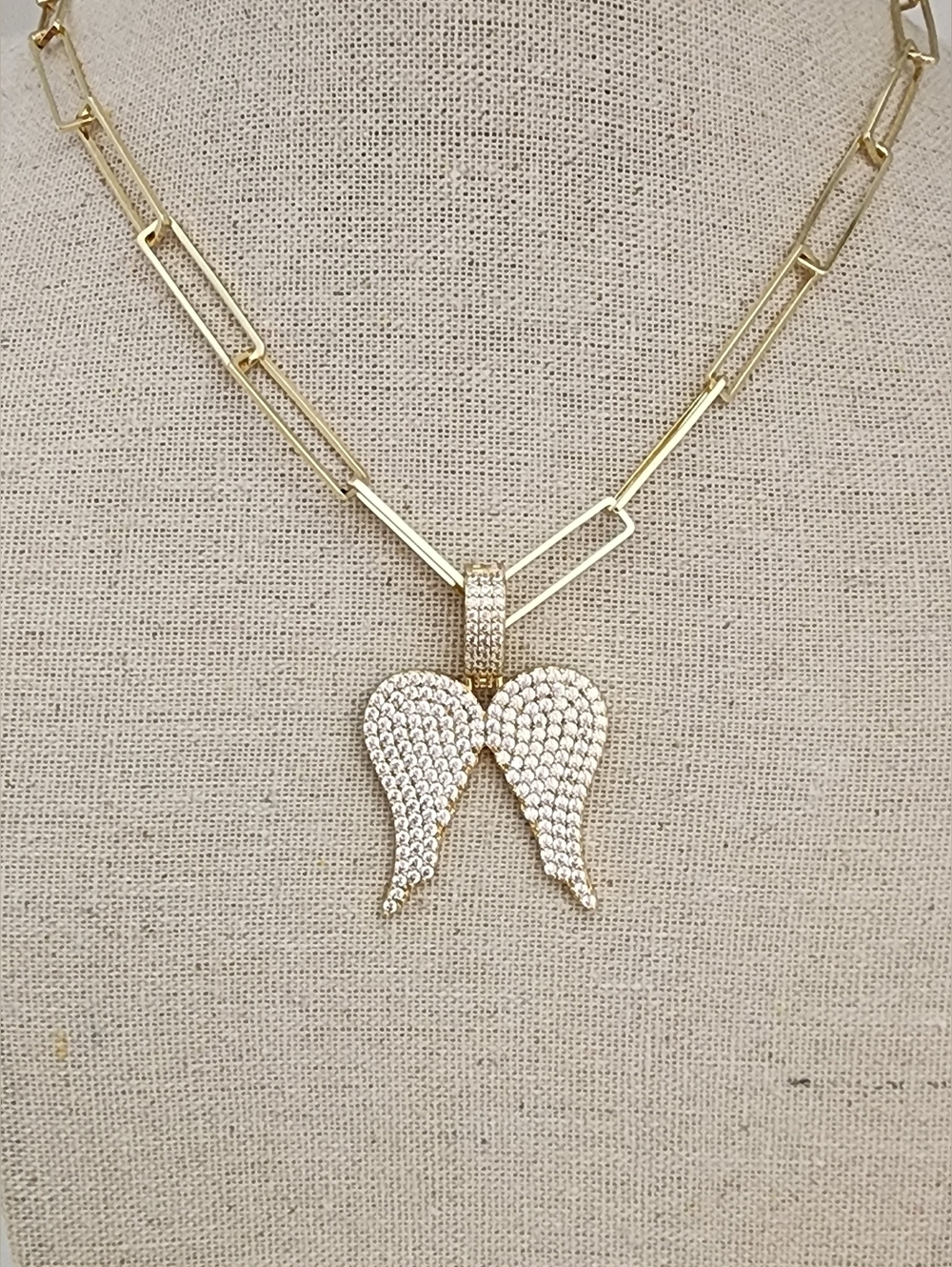 Gold Angel Wings Necklace Iced CZ Paperclip Chain 18" Trendy